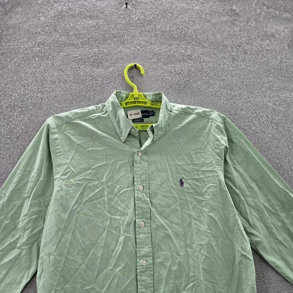 Ralph Lauren Men Button Up Shirt 16 Green Pony Embroidery Long Y2K